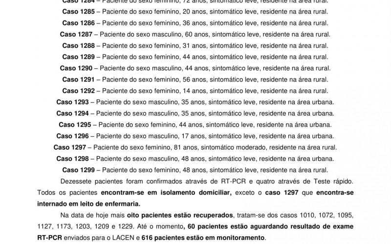 NOTA OFICIAL - 94 CASOS ATIVOS E 1176 CASOS RECUPERADOS COVID-19