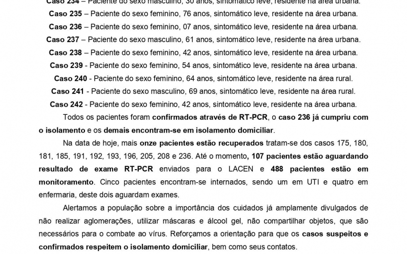 NOTA OFICIAL - 40 CASOS ATIVOS E 198 CASOS RECUPERADOS COVID-19