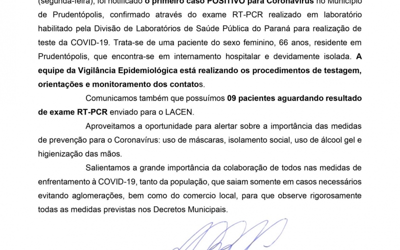 NOTA OFICIAL - PRIMEIRO CASO CONFIRMADO COVID-19