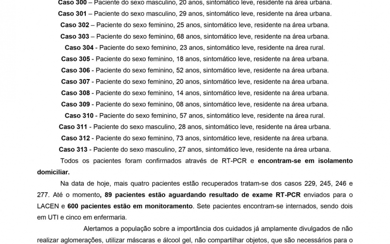 NOTA OFICIAL - 71 CASOS ATIVOS E 238 CASOS RECUPERADOS COVID-19
