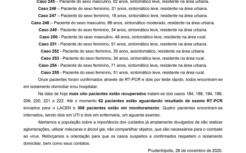 NOTA OFICIAL - 45 CASOS ATIVOS E 206 CASOS RECUPERADOS COVID-19