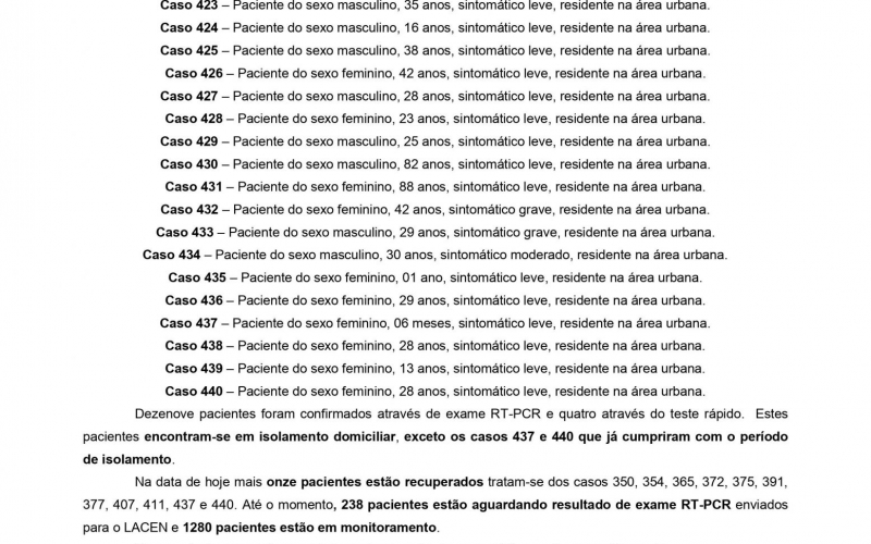 NOTA OFICIAL - 75 CASOS ATIVOS E 359 CASOS RECUPERADOS COVID-19