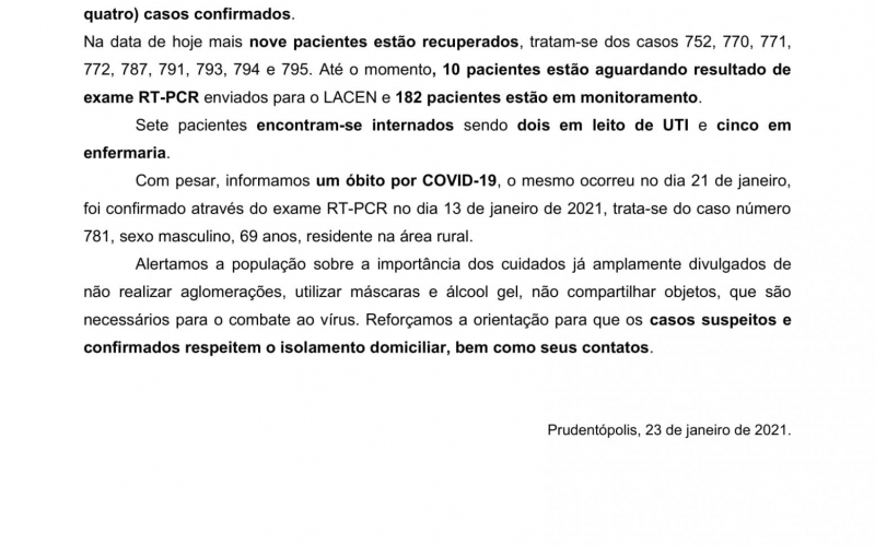 NOTA OFICIAL - 41 CASOS ATIVOS E 779 CASOS RECUPERADOS COVID-19