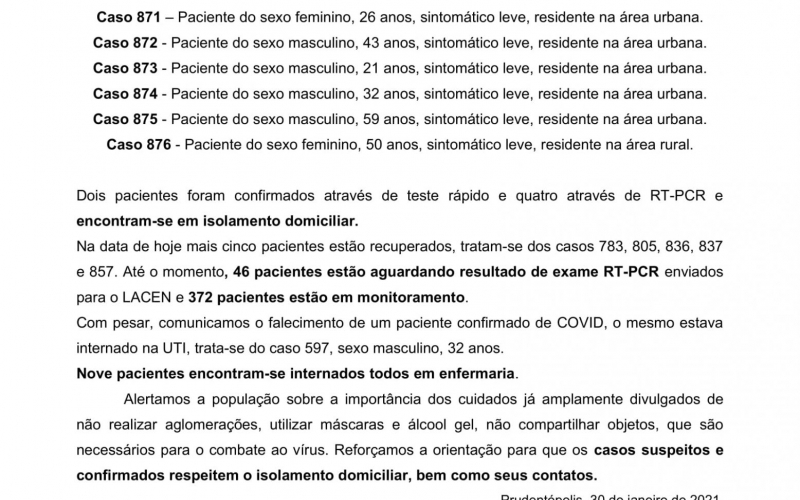 NOTA OFICIAL - 47 CASOS ATIVOS E 814 CASOS RECUPERADOS COVID-19