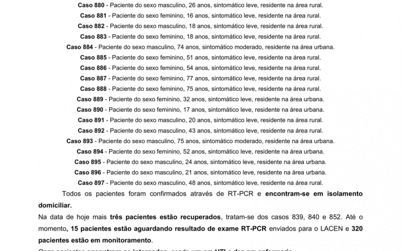 NOTA OFICIAL - 65 CASOS ATIVOS E 817 CASOS RECUPERADOS COVID-19
