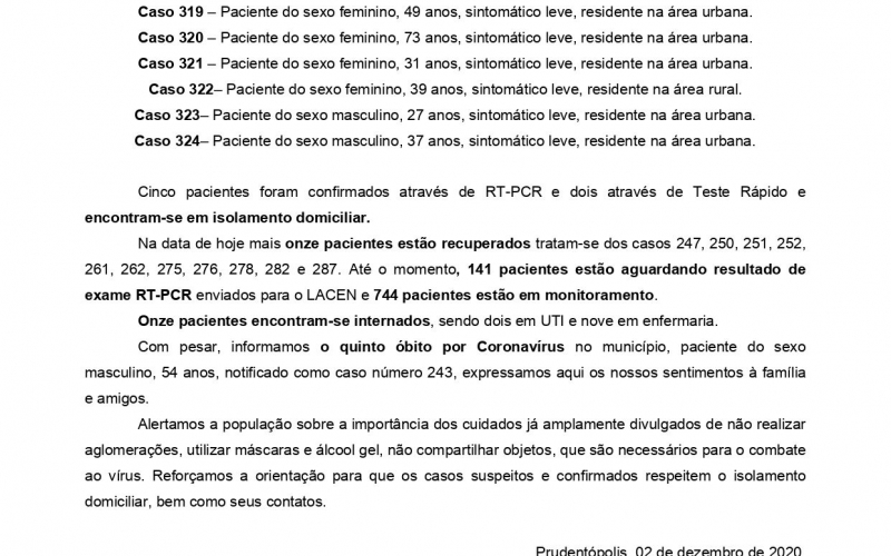 NOTA OFICIAL - 54 CASOS ATIVOS, 265 CASOS RECUPERADOS E 5 ÓBITOS COVID-19	