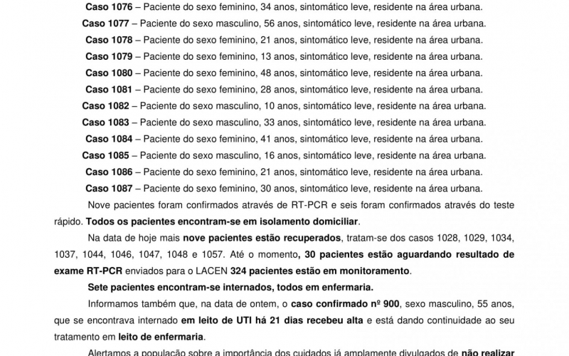 NOTA OFICIAL - 51 CASOS ATIVOS E 1014 CASOS RECUPERADOS COVID-19