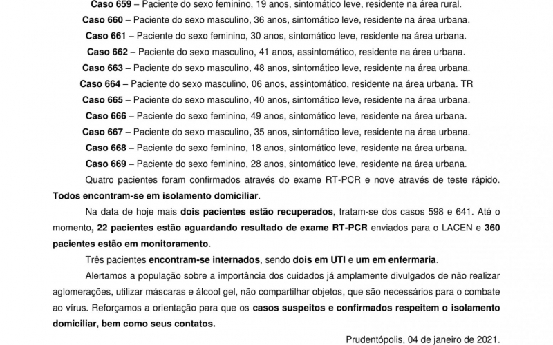 NOTA OFICIAL - 64 CASOS ATIVOS E 593 CASOS RECUPERADOS COVID-19