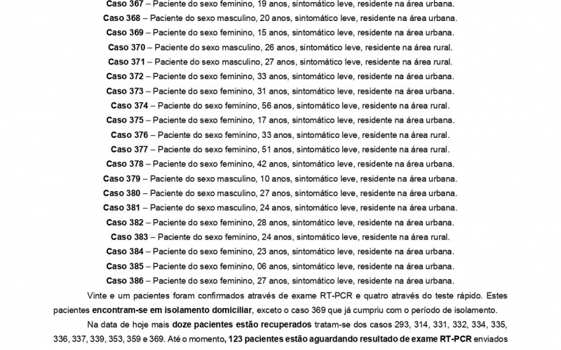 NOTA OFICIAL - 52 CASOS ATIVOS E 329 CASOS RECUPERADOS COVID-19	