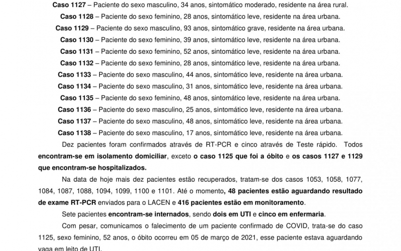 NOTA OFICIAL - 56 CASOS ATIVOS E 1059 CASOS RECUPERADOS COVID-19