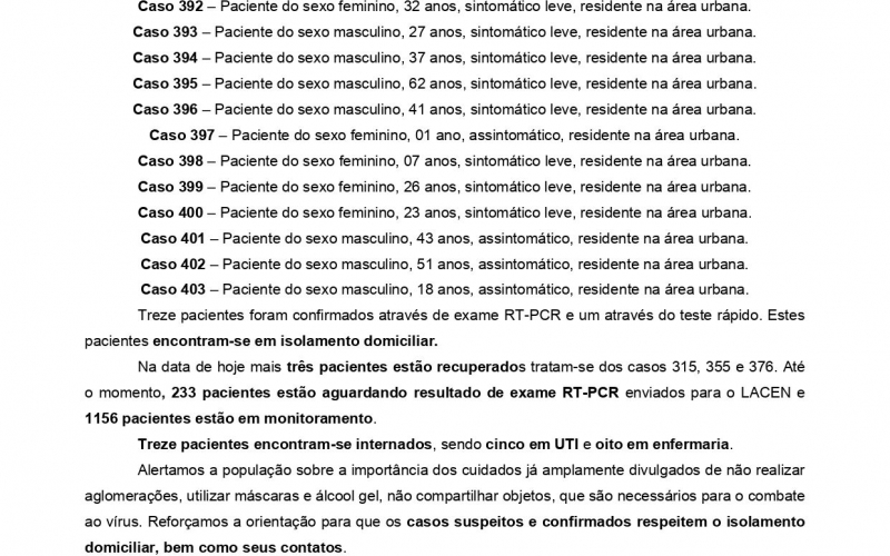 NOTA OFICIAL - 64 CASOS ATIVOS E 334 CASOS RECUPERADOS COVID-19	