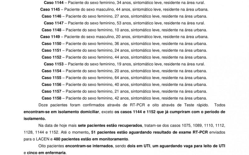 NOTA OFICIAL - 68 CASOS ATIVOS E 1066 CASOS RECUPERADOS COVID-19