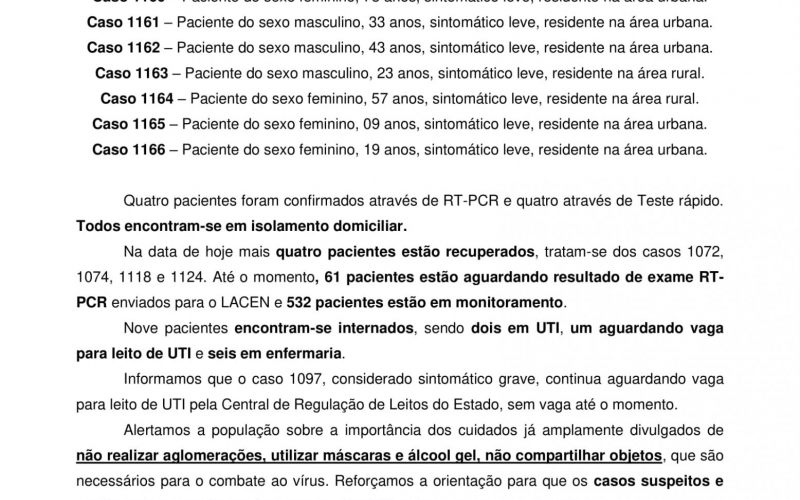 NOTA OFICIAL - 72 CASOS ATIVOS E 1070 CASOS RECUPERADOS COVID-19
