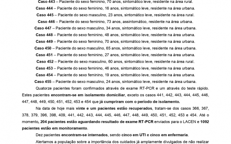 NOTA OFICIAL - 69 CASOS ATIVOS E 380 CASOS RECUPERADOS COVID-19	