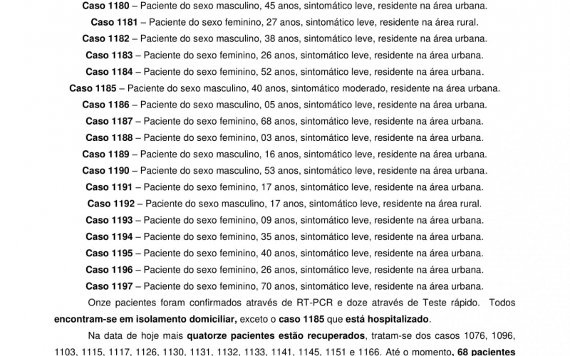 NOTA OFICIAL - 82 CASOS ATIVOS E 1091 CASOS RECUPERADOS COVID-19