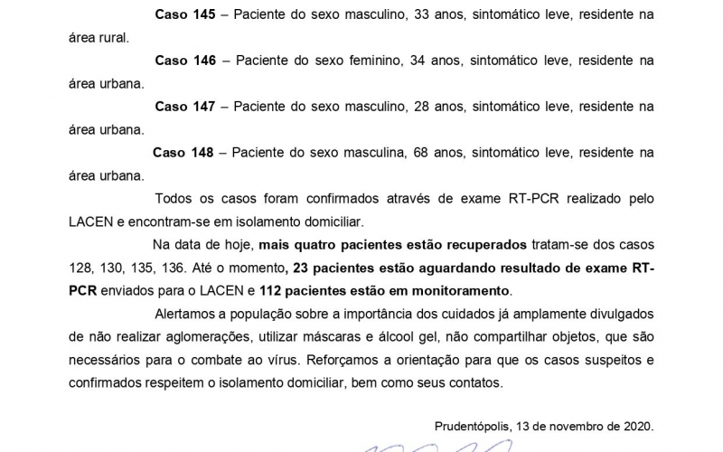 NOTA OFICIAL - 15 CASOS ATIVOS E 130 CASOS RECUPERADOS COVID-19	