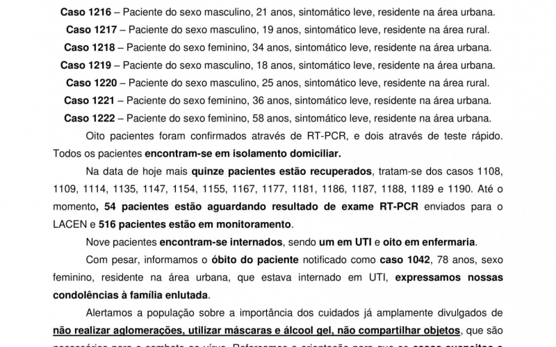 NOTA OFICIAL - 75 CASOS ATIVOS E 1121 CASOS RECUPERADOS COVID-19