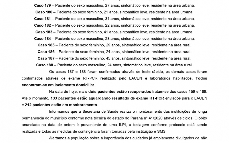 NOTA OFICIAL - 30 CASOS ATIVOS E 154 CASOS RECUPERADOS COVID-19	