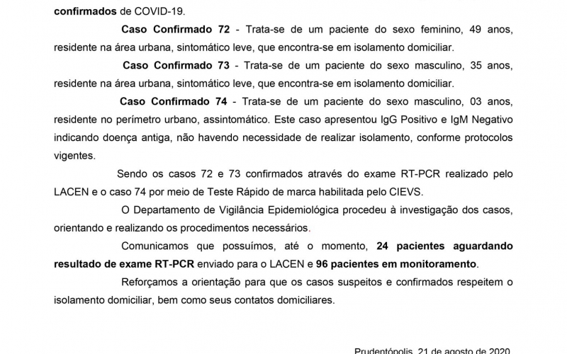 NOTA OFICIAL - 74 CASOS CONFIRMADOS COVID-19
