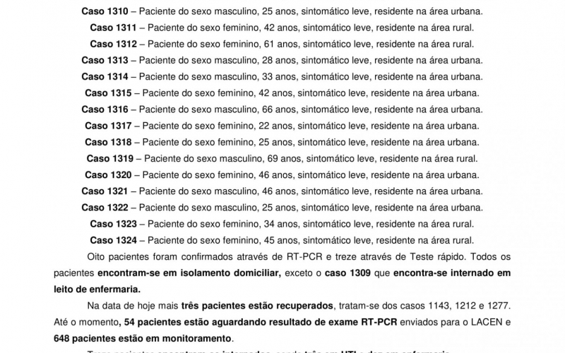 NOTA OFICIAL - 108 CASOS ATIVOS E 1187 CASOS RECUPERADOS COVID-19