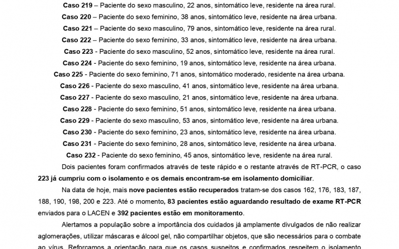 NOTA OFICIAL - 41 CASOS ATIVOS E 187 CASOS RECUPERADOS COVID-19	