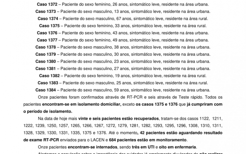 NOTA OFICIAL - 129 CASOS ATIVOS E 1226 CASOS RECUPERADOS COVID-19