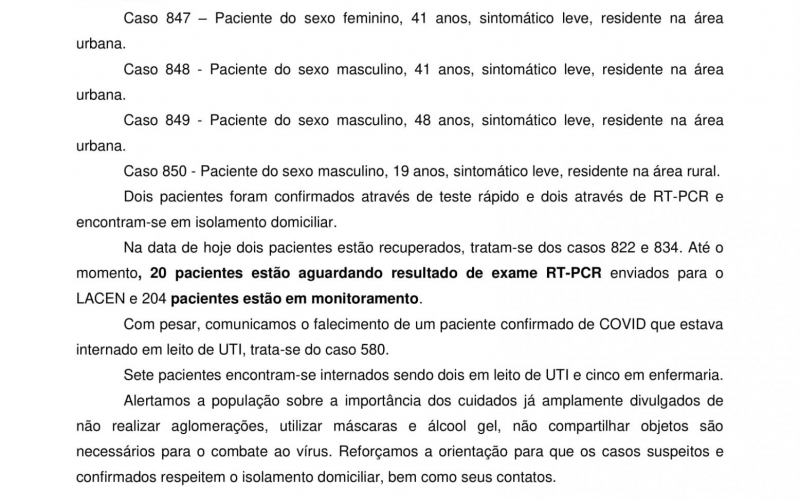 NOTA OFICIAL - 30 CASOS ATIVOS E 805 CASOS RECUPERADOS COVID-19