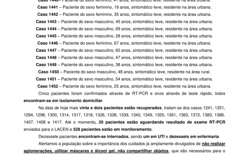 NOTA OFICIAL - 112 CASOS ATIVOS E 1310 CASOS RECUPERADOS COVID-19