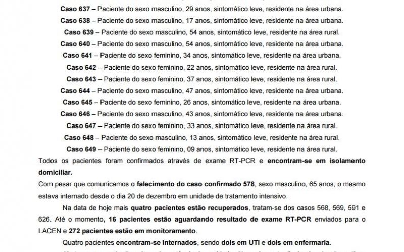 NOTA OFICIAL - 51 CASOS ATIVOS E 586 CASOS RECUPERADOS COVID-19