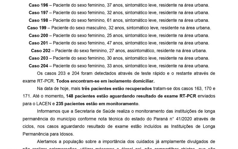 NOTA OFICIAL - 38 CASOS ATIVOS E 162 CASOS RECUPERADOS COVID-19	