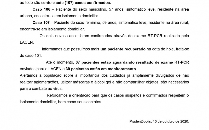 NOTA OFICIAL - 5 CASOS  ATIVOS E  100 CASOS RECUPERADOS COVID-19