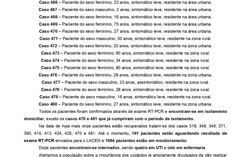 NOTA OFICIAL - 75 CASOS ATIVOS E 399 CASOS RECUPERADOS COVID-19	
