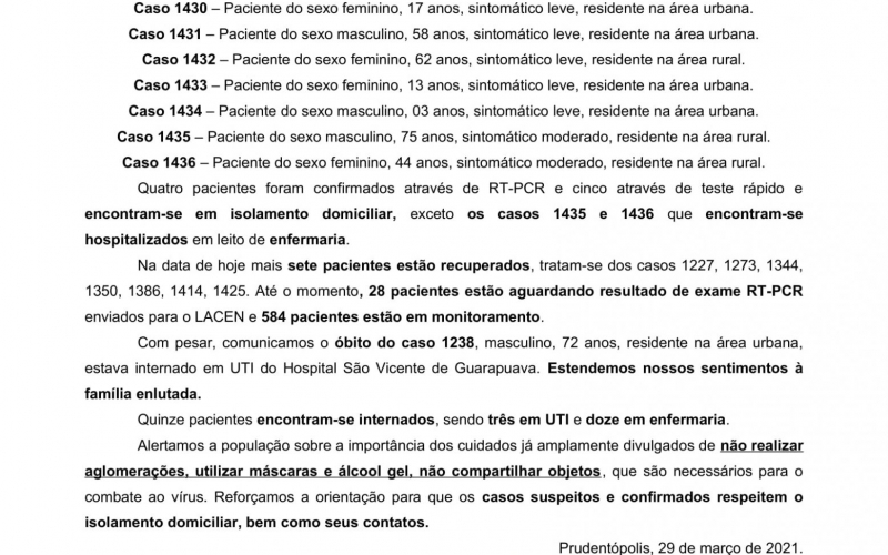NOTA OFICIAL - 118 CASOS ATIVOS E 1288 CASOS RECUPERADOS COVID-19
